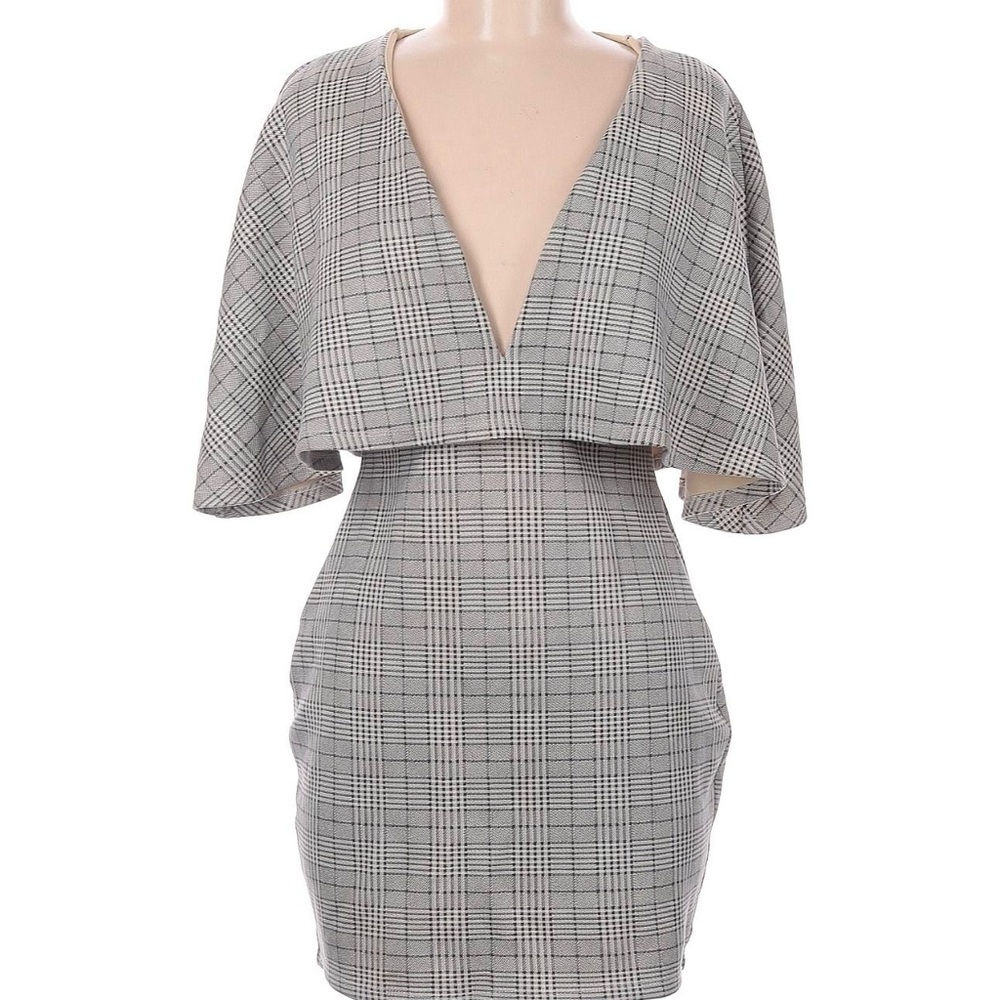Cape Sleeve Dress with Plaid Design and Deep V Neckline